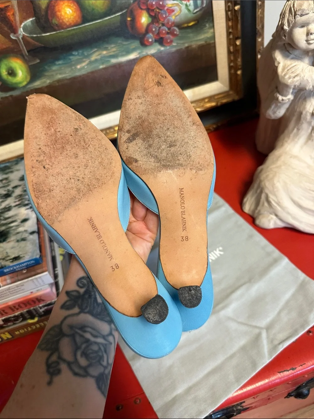 Manolo Blahnik Robin Egg Blue Pointed Leather Mule Slides with Buckle - Picture 5 of 8
